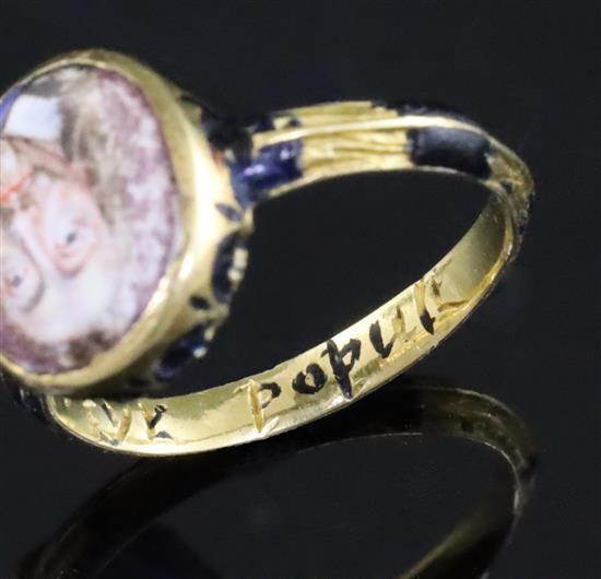 A rare mid 17th century enamelled gold oval memorial ring for Charles I (1600-1649), finger size K.